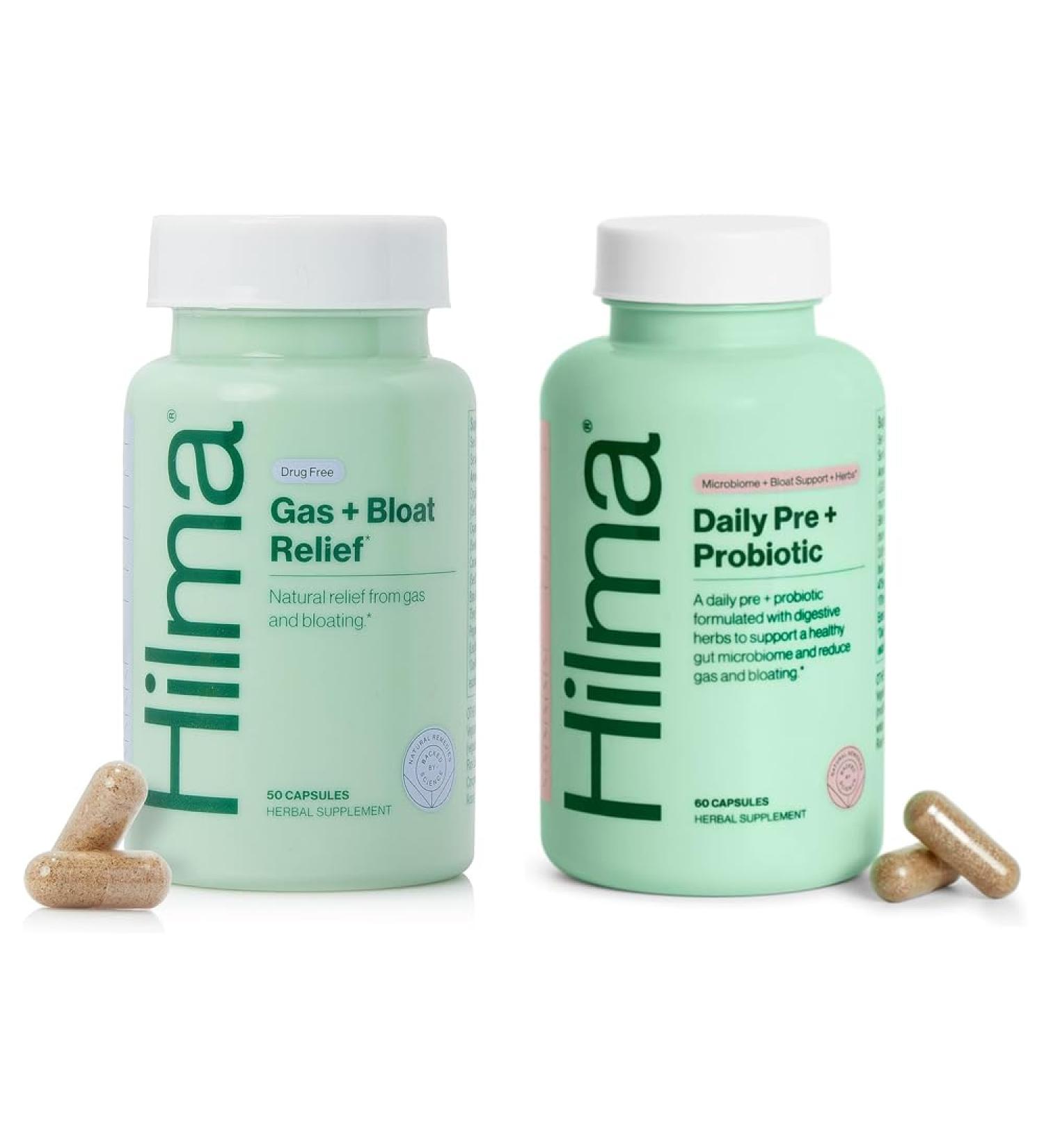 Hilma Healthy Gut & Bloat Support Bundle - Gas & Bloat Relief (50 Vegan Capsules) with Lemon Balm Fennel & Peppermint Leaf + Daily Pre & Probiotic with Herbs (60 Vegan Capsules) for a Healthy Gut - Buy Online on GoSupps.com