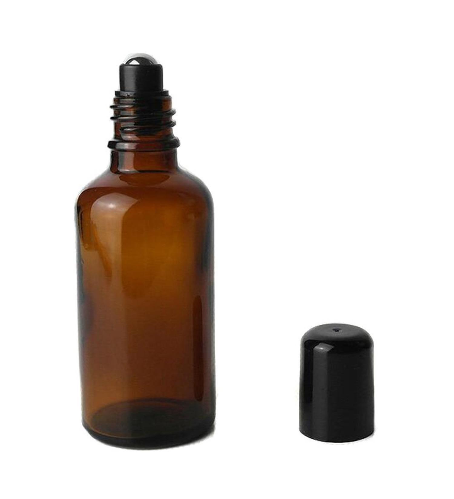 3Pcs brown glass roll -on bottles with stainless steel roller balls and black cap -stial oil perfume lip cosmetics gloss balms phiole container (50ml)