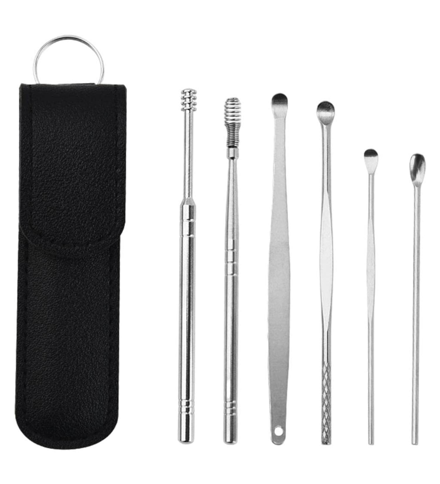 Pistro 6Pcs Stainless Steel Ear Cleaner Wax Removal Tool Set with Leather Bag - Black - Buy Online on GoSupps.com