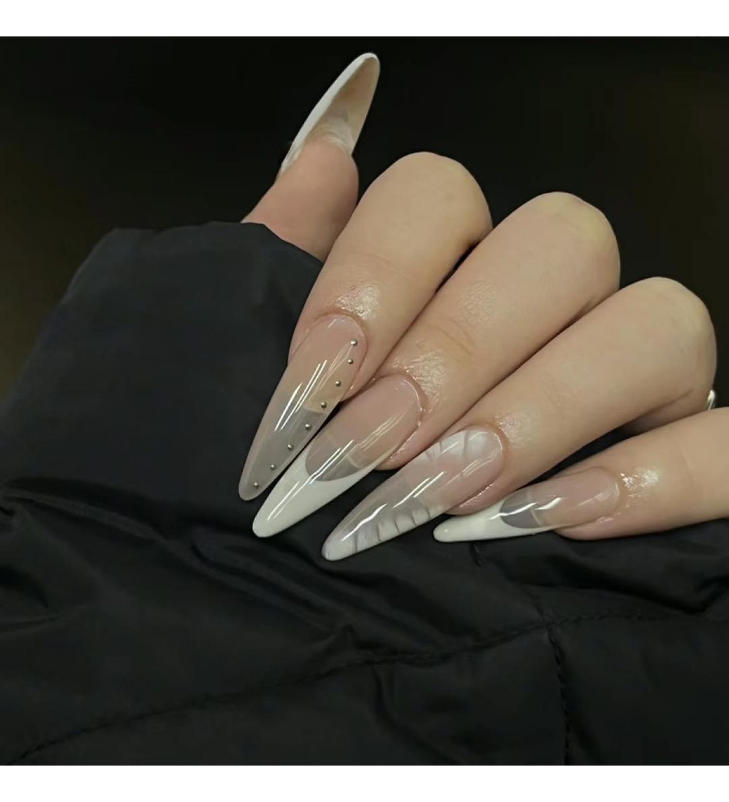 French Tip Press on Nails - Long pointed tip Press On Nails with Nail Tips French White Pattern False Nail Silver Beads press on nails Acrylic False Nails Cute Artificial Nails - Buy Online on GoSupps.com