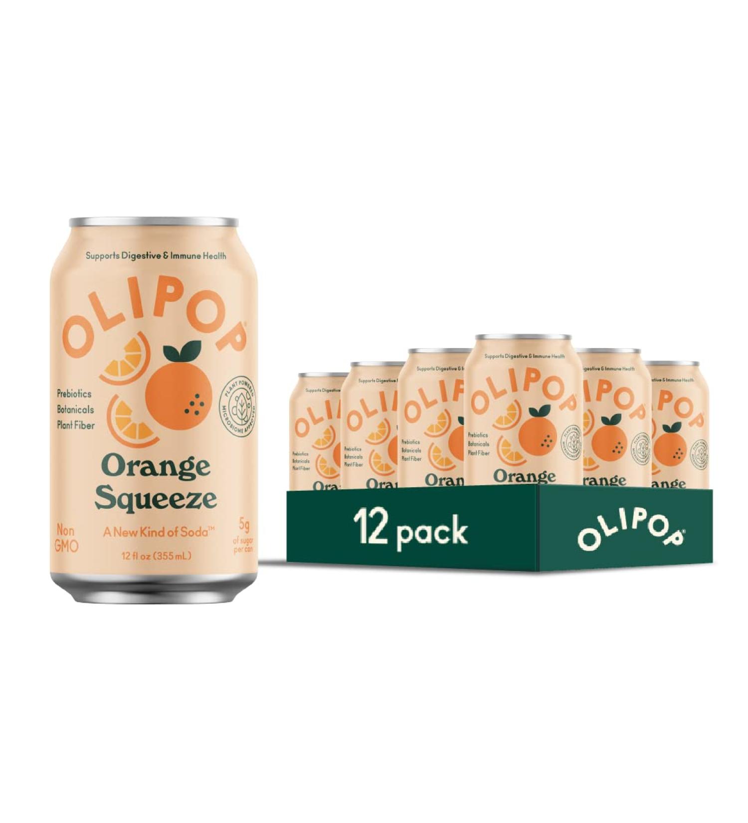 OLIPOP Orange Squeeze Sparkling Tonic - Prebiotic Healthy Soda for Digestive and Immune Health - Vitamin C, Plant Fiber, Caffeine Free, Low Calorie, Low Sugar - 12 oz, 12-Pack - Buy Online on GoSupps.com