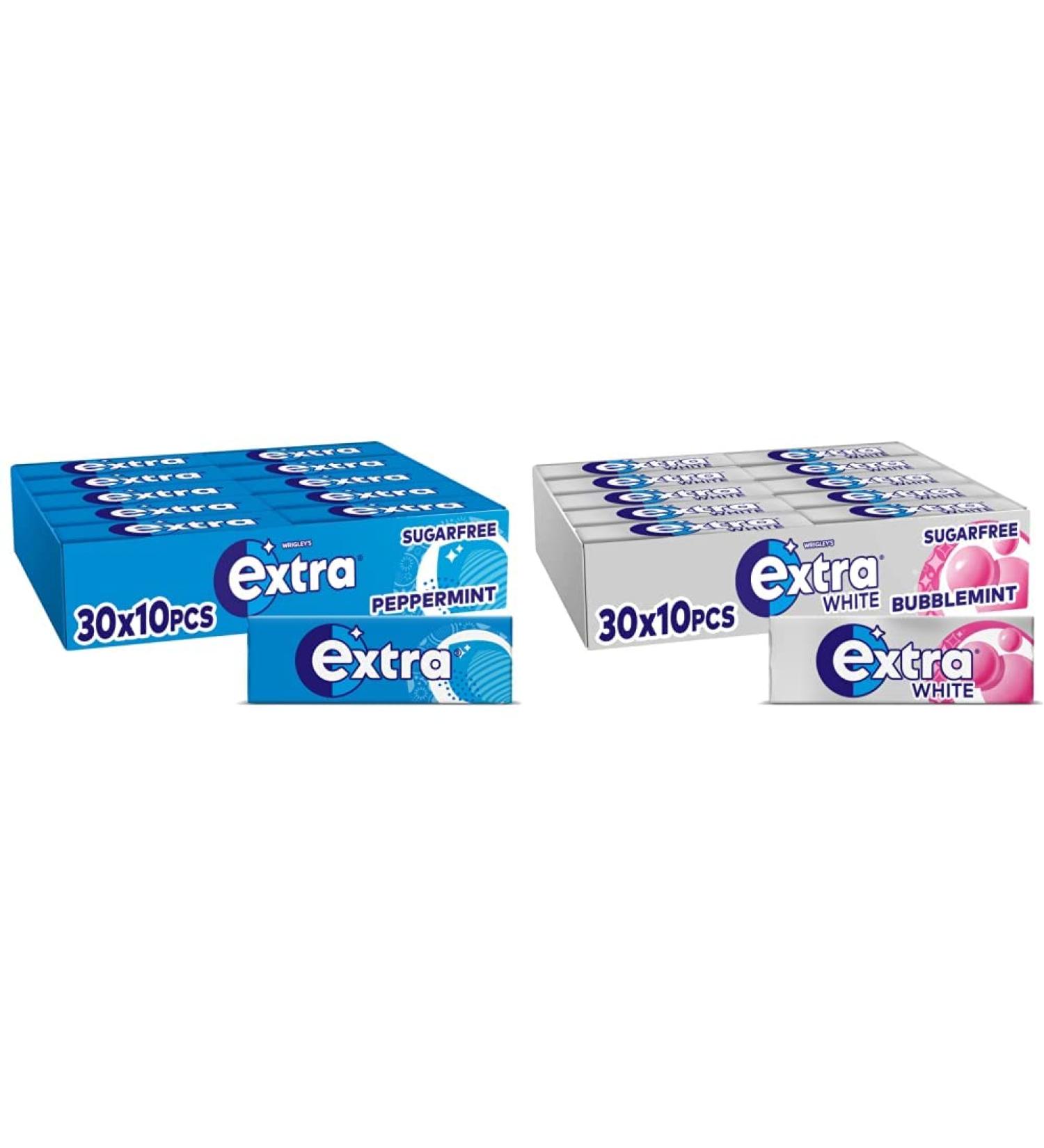 Extra Chewing Gum Sugar Free Peppermint Flavour Chewing Gum Bulk 30 Packs of 10 Pieces & Extra White Chewing Gum Sugar Free Bubblemint Pack of 30 - Buy Online on GoSupps.com