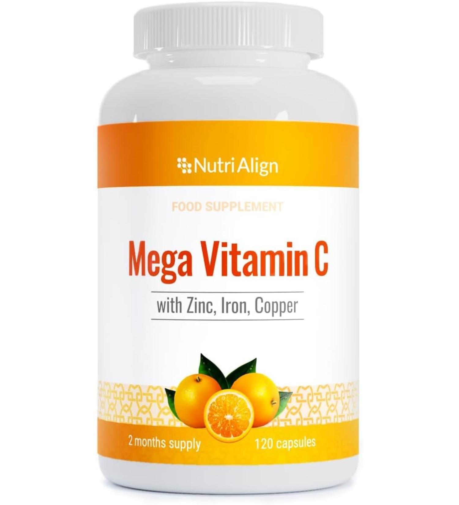 Nutri-Align Mega Vitamin C | 120 High Strength Vitamin C 1000mg Capsules - VIT C and Zinc Iron & Copper Supplement | VIT C Supplements | Gluten & Sugar Free | Powerful Antioxidant 120 Count (Pack of 1) - Buy Online on GoSupps.com