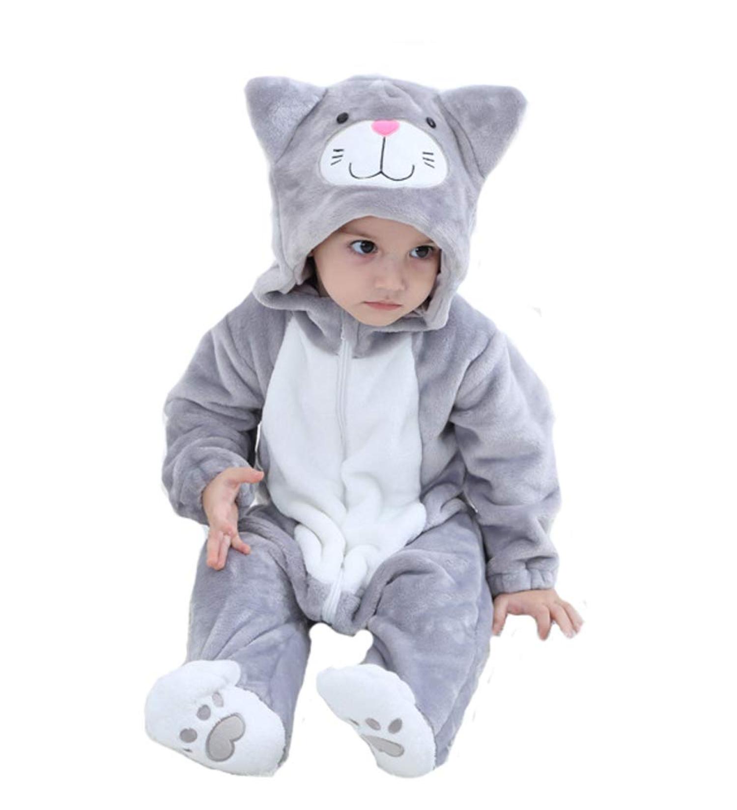 Doladola Unisex Baby Onesie | Cat Cartoon Hooded Romper 12-18 Months - Gray - Buy Online on GoSupps.com