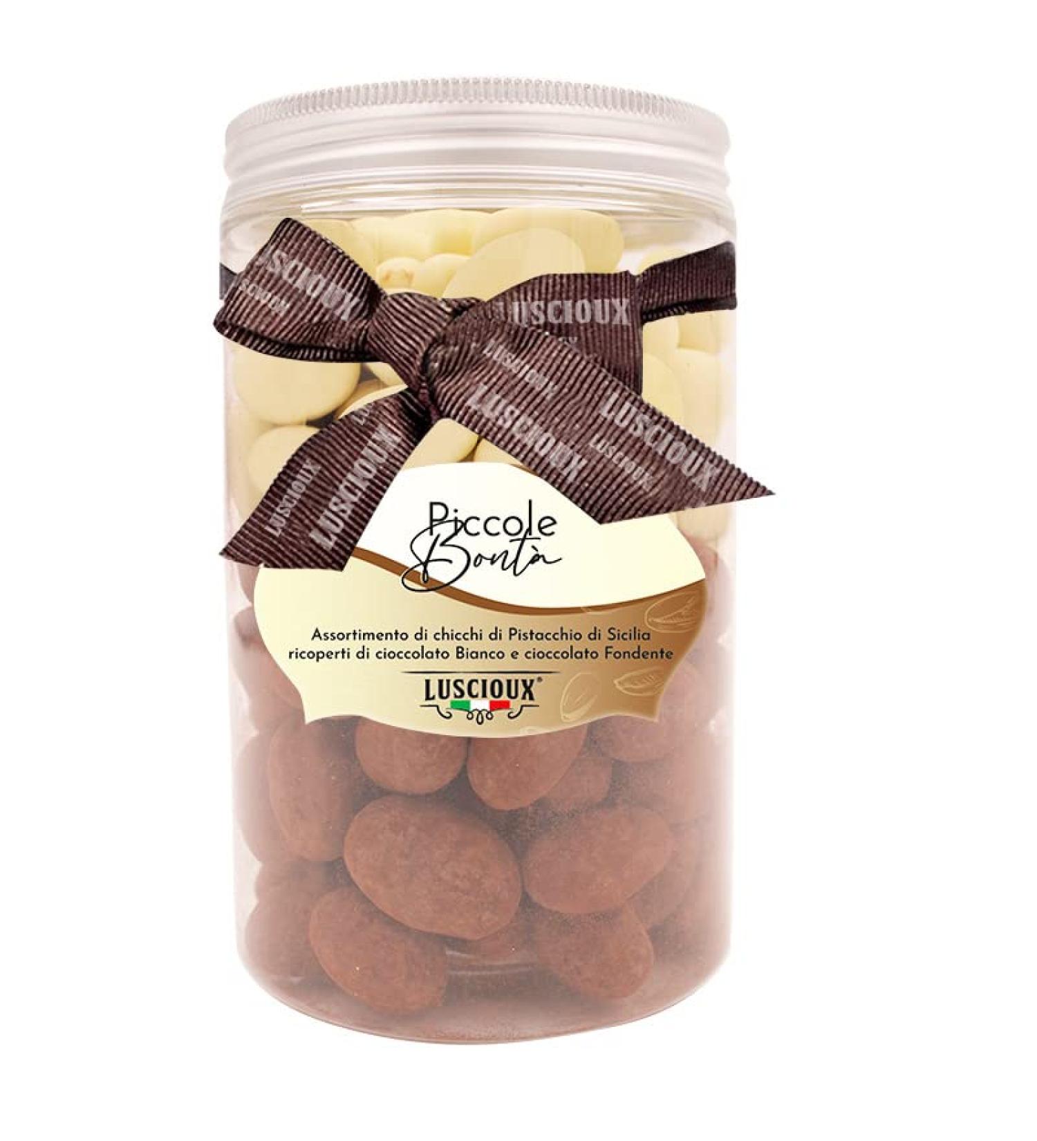 LUSCIOUX LUSCIOUX Assortment Small Bont Pistachio Grains of Sicily Coated with White and Dark Chocolate