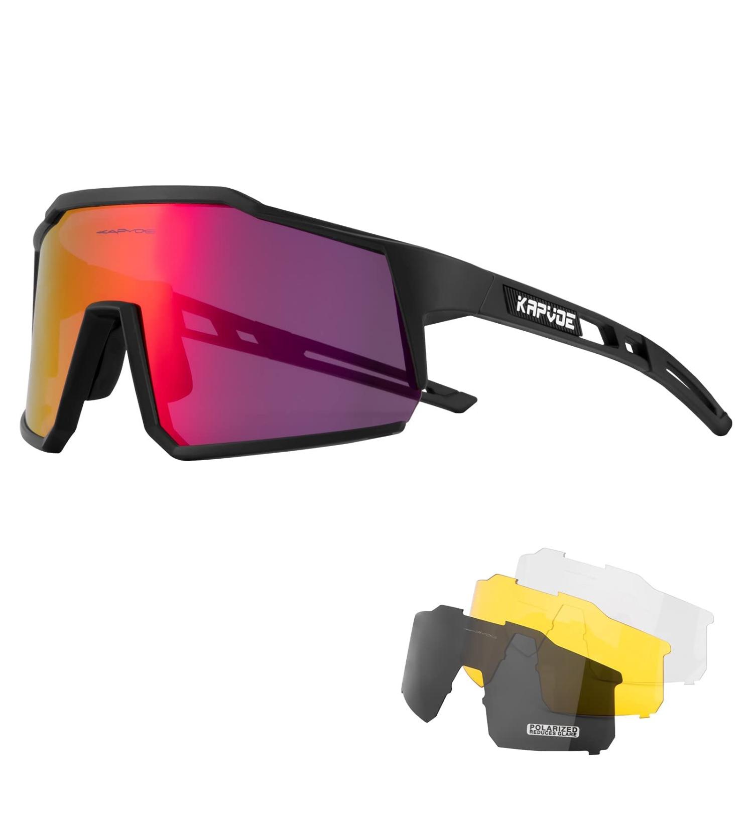KAPVOE Polarized Cycling Glasses with 4 Interchangeable Lenses | TR90 Sports Sunglasses for Men and Women - Running Sunglasses 01 - Buy Online on GoSupps.com