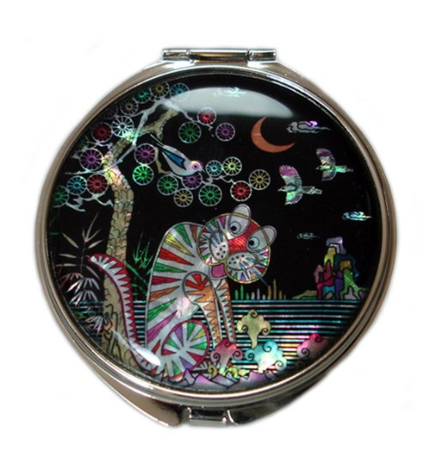 Antique Alive Black Mother of Pearl Compact Double Mirror - Hand Makeup Essential with Tiger & Heel Design | International Shipping - Buy Online on GoSupps.com
