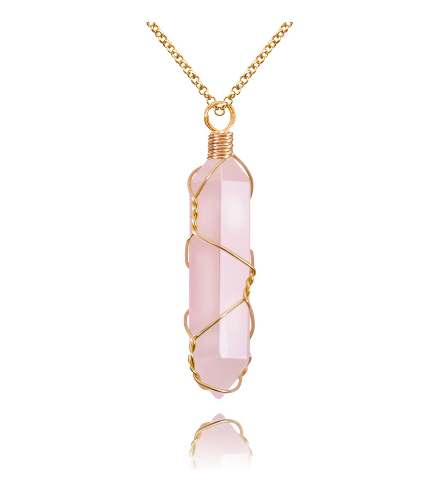 Wire Wrapped Healing Crystal Necklace - Hexagonal Reiki Rose Quartz Pendant for Women and Men - Buy Online on GoSupps.com