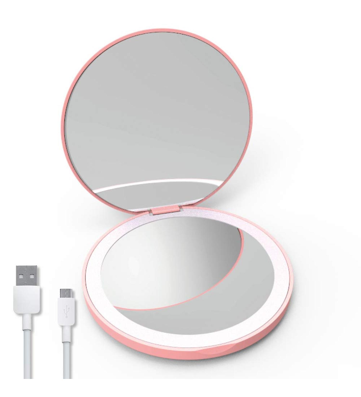 Aekegrep LED Lighted Travel Makeup Mirror 1x/2x Magnification Compact Portable 3.5 inch Folding Mirror, Handheld 2-Sided Round Mirror - Pink - Buy Online on GoSupps.com