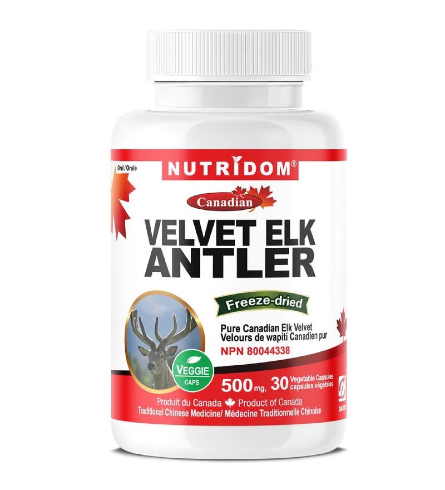 Nutridom Velvet Elk Antler 500 mg 100% Canadian Freeze-Dried Non-GMO NO Additives Gluten Free Made in Canada (30 Veggie capsules) - Buy Online on GoSupps.com