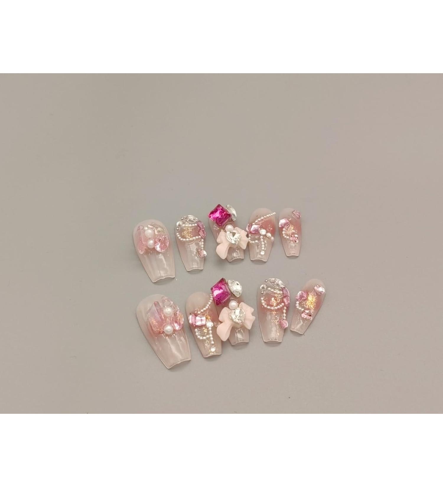 IJRMTVWO Handmade Wearing Nail Pink bow sweet Coffin type manicure Nail Patch Wearable Nail Removable reusable 10PCS 1 count (Pack of 1)