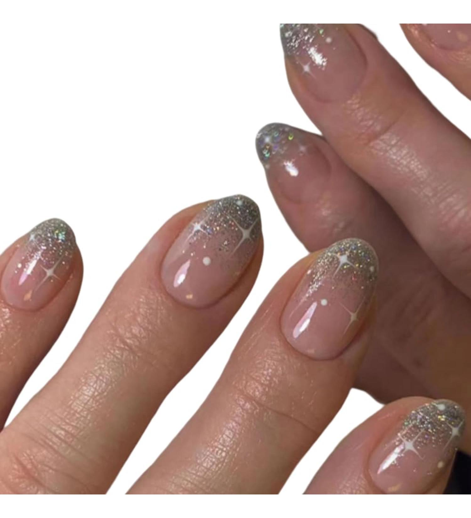 Buy Mouyouglow Short Round Nude Pink Silver Glitter Press On Nails | Full Cover Artificial Nails with Glue for Women - i26 - Buy Online on GoSupps.com