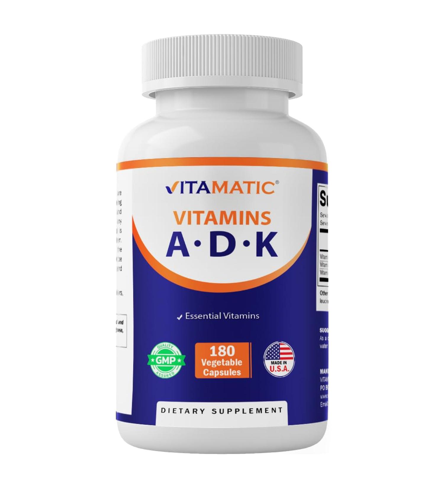 Vitamatic ADK Vitamin Supplement, 180 Veg Capsules, High Potency Vitamins A, D3, K2 for Bone Health, Calcium Absorption, Non-GMO, Gluten Free - Buy Online on GoSupps.com