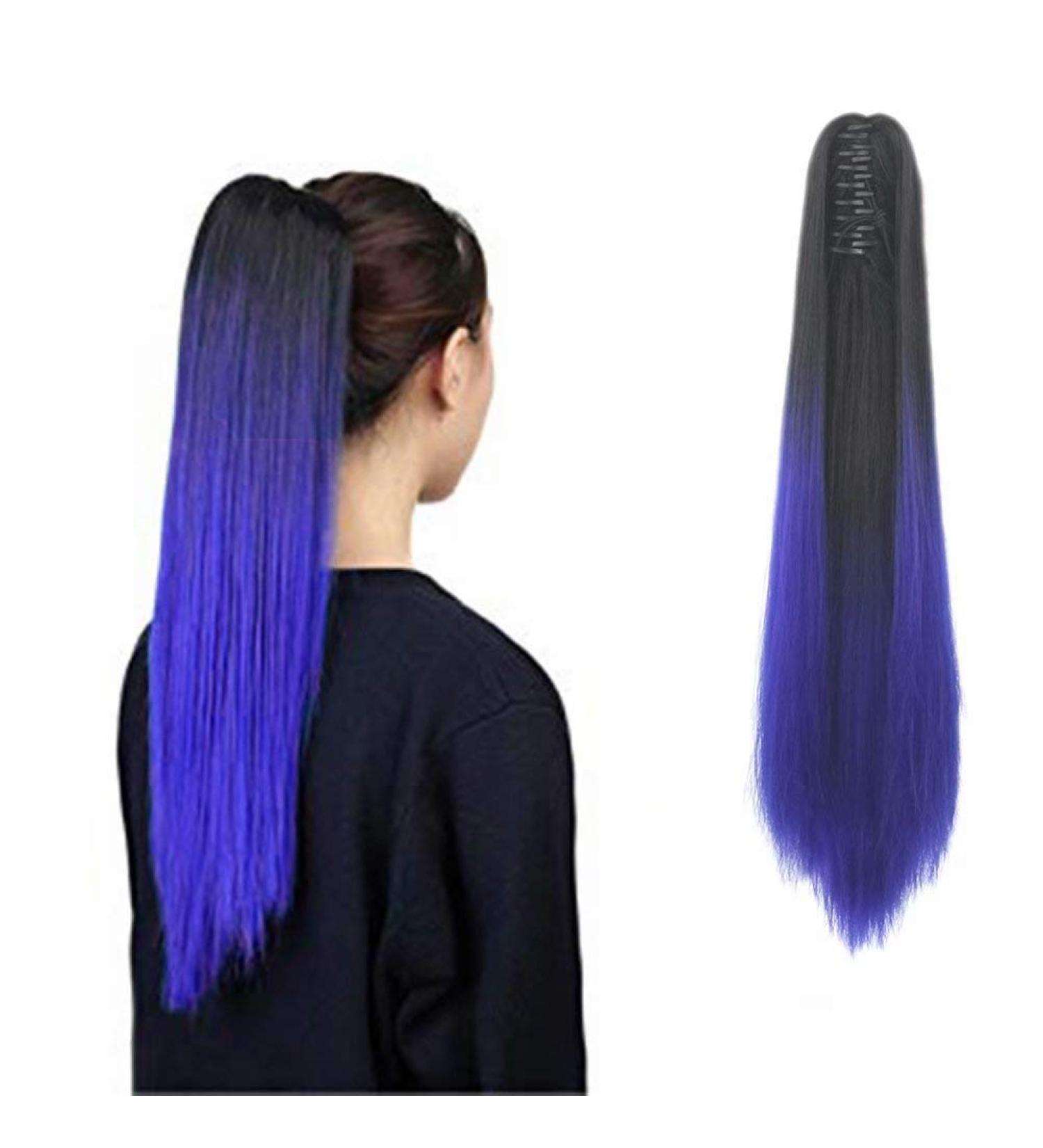 iLUU Women Synthetic Hairpiece Two Tone Long Straight Claw on in Ponytail Pony Tail Hair Extension Extensions for Party Cosply 130g/24"/60cm (1B# Natural Black to 61C# Blue) Straight 1BT61C-black/dark blue - Buy Online on GoSupps.com