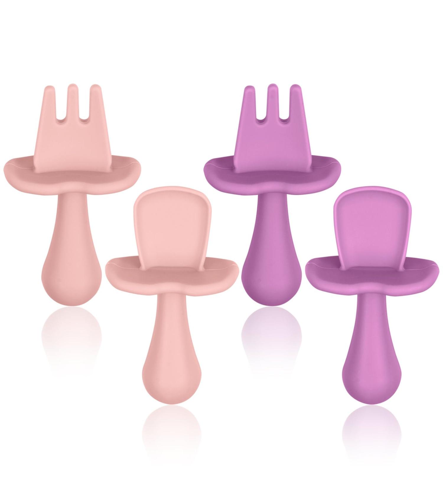 Vicloon Baby Fork and Spoon Set - 4Pcs Infant Silicone Self Feeding Utensil - Easy Grip Toddler Cutlery Kit - Weaning Spoons for Children - Pink-Purple - Buy Online on GoSupps.com