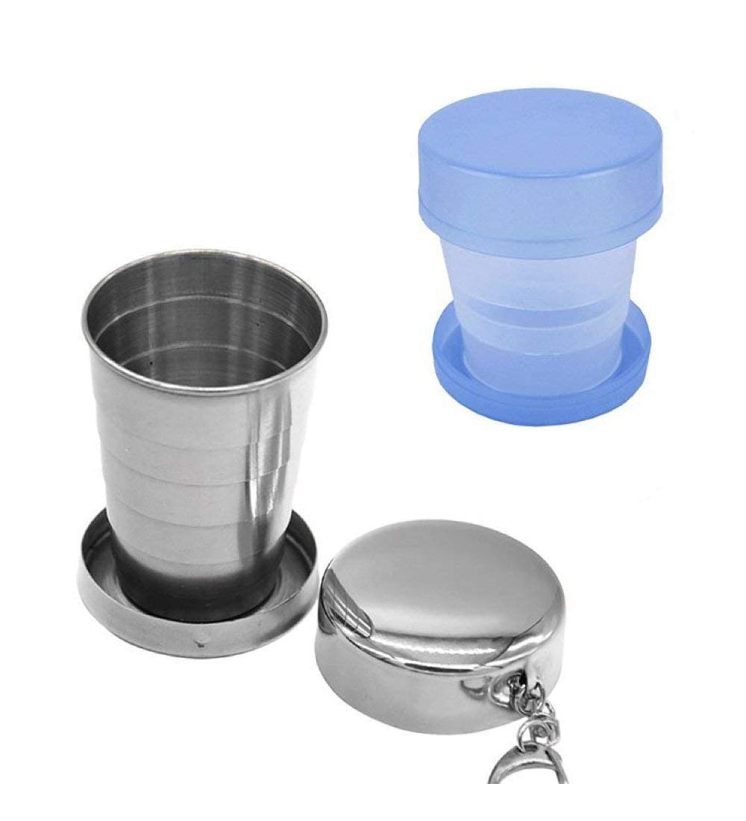 Portable Stainless Steel Collapsible Cup with Keychain - 240ML | BPA-Free Silicone | Ideal for Travel, Hiking, Camping, Picnic - Water Coffee Tea Snacks - Buy Online on GoSupps.com