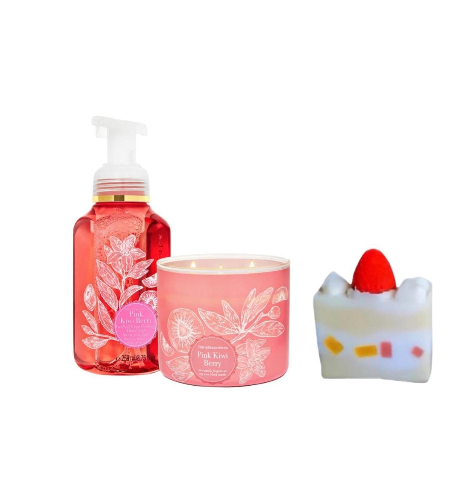 Pink Kiwi Berry - White BarnBath/Body Work- 3-Wick Scented Candle 14.5 OZ Burns 25-45 Hours and Gentle Foaming Hand Soap 8.75 Ounce with Strawberry Cake soap (Label Artwork Varies)