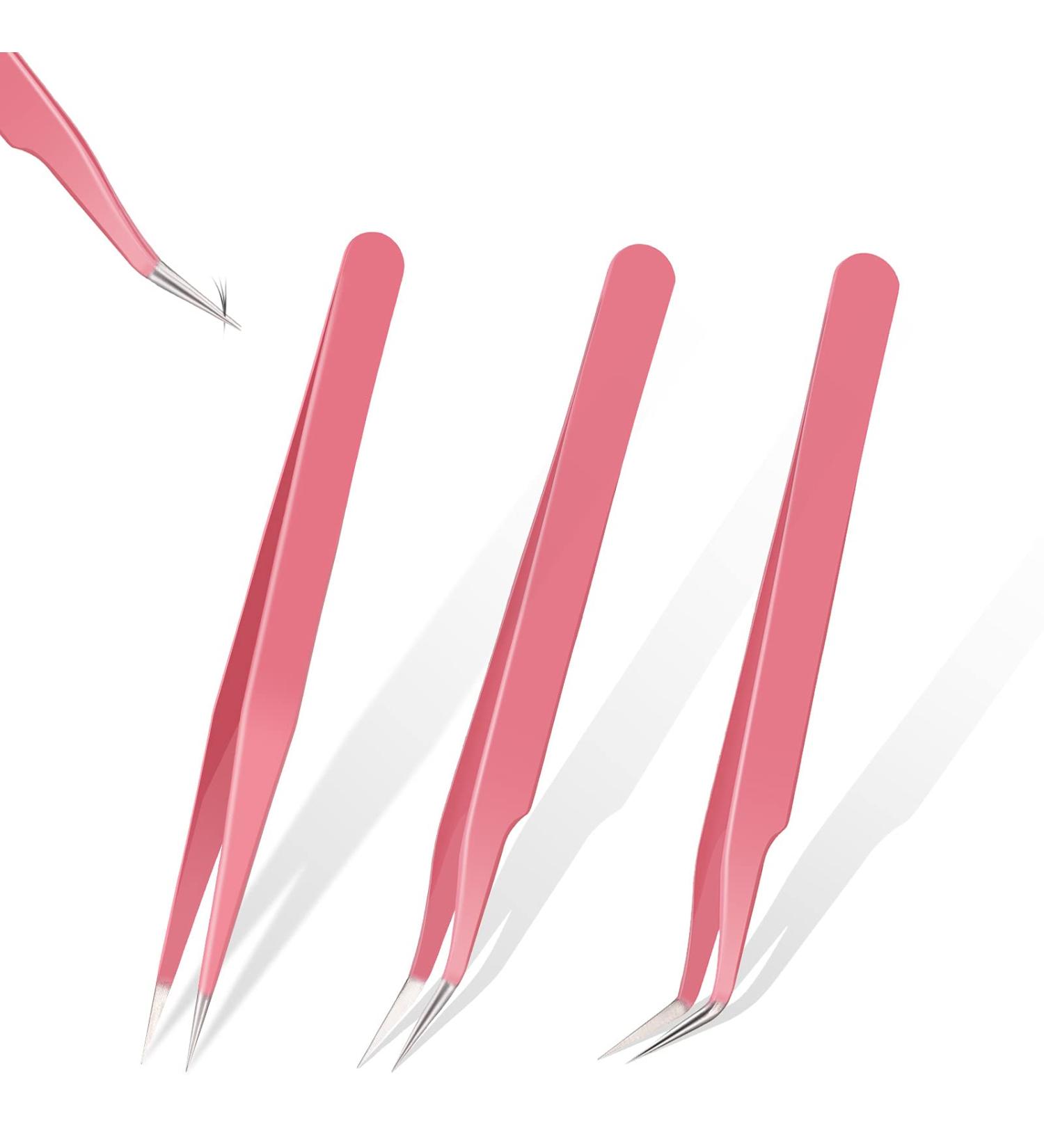 3-Piece Pink Eyelash Extension Tweezers Set | Stainless Steel Straight & Curved Pointed Tool for False Eyelashes | Perfect for Women & Girls - Buy Online on GoSupps.com