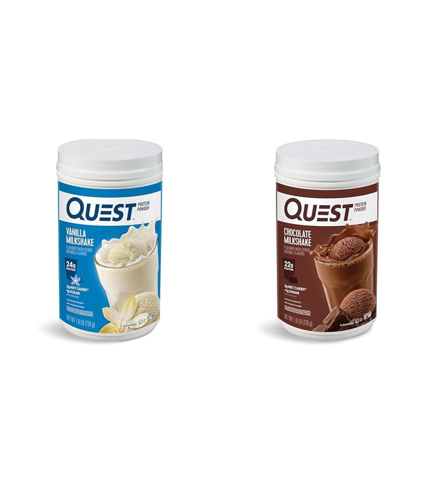 Quest Nutrition Vanilla Milkshake Protein Powder 24g of Protein 1g of Sugar 1.6 Pound 23 Servings & Chocolate Milkshake Protein Powder 22g Protein 2g Net Carbs 1g Sugar Low Carb - Buy Online on GoSupps.com