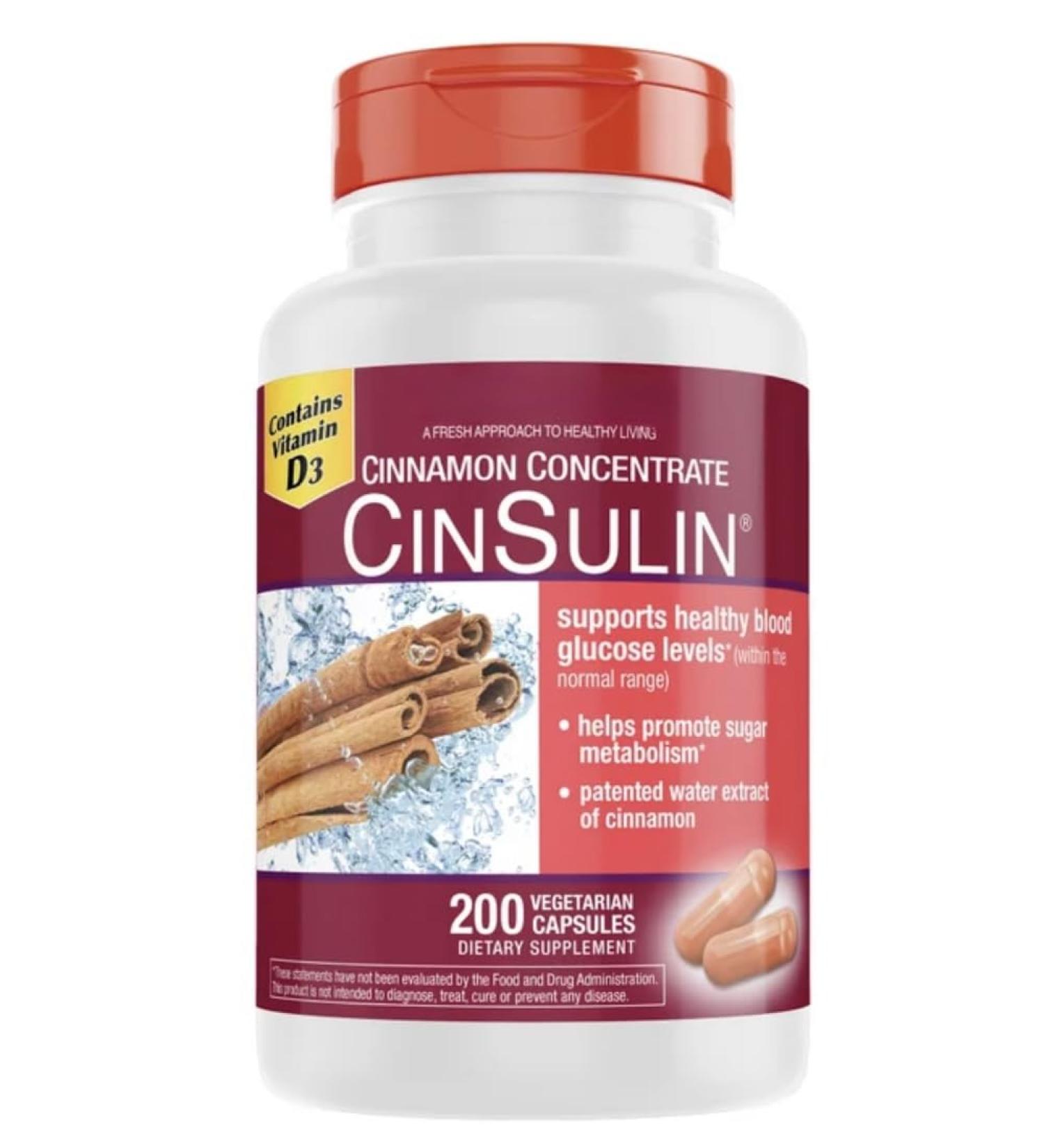 Cinnamon CIN-Sullin Concentrate 200 Vegetarian Capsules Blood Glucose Support with Vitamin D3