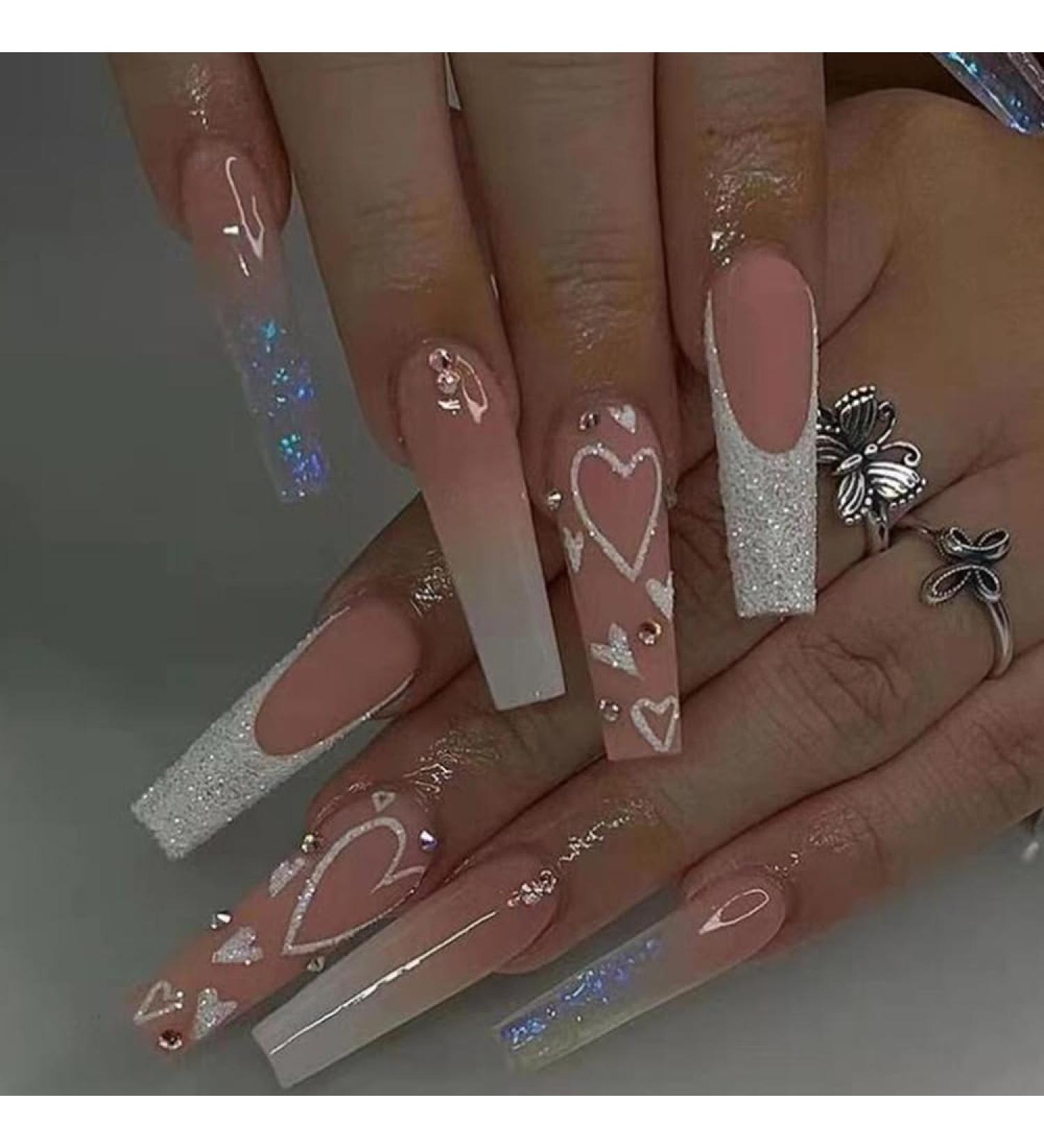 Press on Nails Long Ballet False Nail Pink and Silvery Shining Love Heart Diamonds False Nails Press on Nails Designs Acrylic Nails Press on Artificial Nails Stick on Nails For Women Girls 24Pcs - Buy Online on GoSupps.com