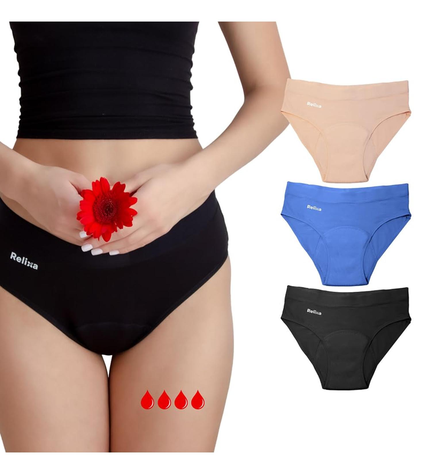 Relixa Menstruation Underwear for Women & Girls - 3-Pack Bamboo Hipsters (XS-6XL) | Strong Absorbency for Heavy Bleeding - Black Blue & Beige - Buy Online on GoSupps.com