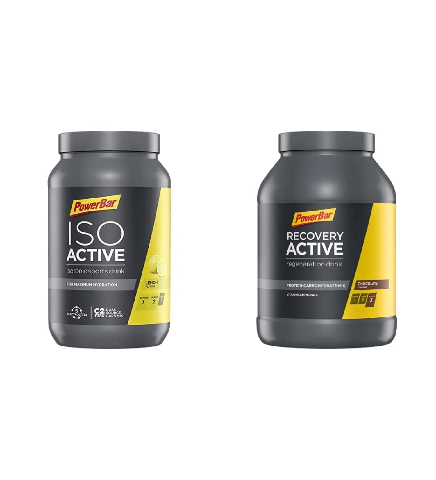 Powerbar Isoactive Lemon 1320g & Recovery Active Chocolate 1210g Bundle - Isotonic Sports Drink + Regeneration Whey with Electrolytes Carbohydrates Magnesium & Zinc - International Shipping Available - Buy Online on GoSupps.com