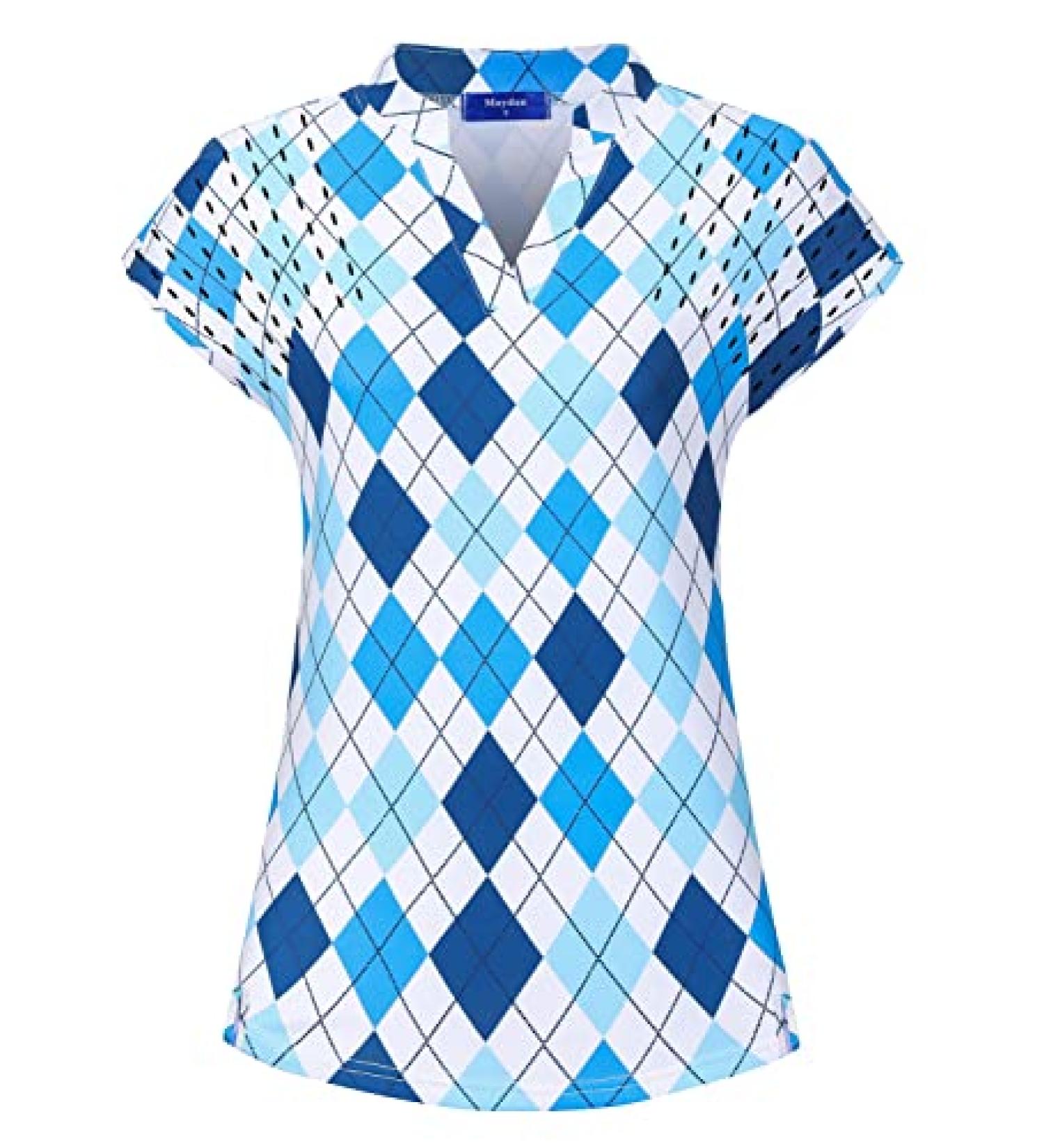 Moydan Women's Lightweight Moisture Wicking Golf Polo Shirt - Medium Blue Plaid - Buy Online on GoSupps.com