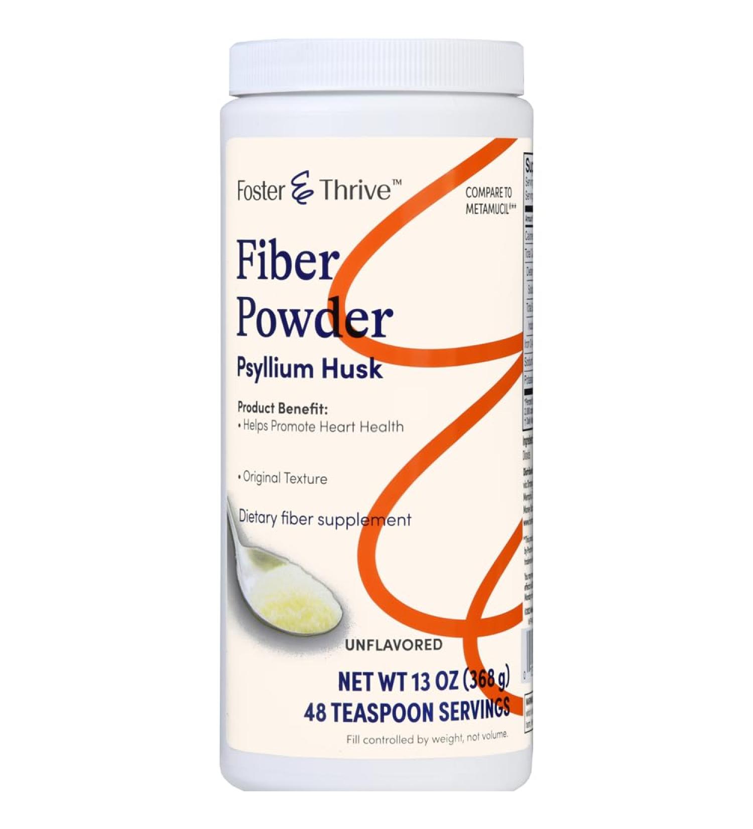 Foster & Thrive Daily Psyllium Husk Powder Supplement 4-in-1 Fiber for Digestive Health Laxative Relieves Occasional Constipation Sweetened w/Real Sugar Original Flavor 48 Doses