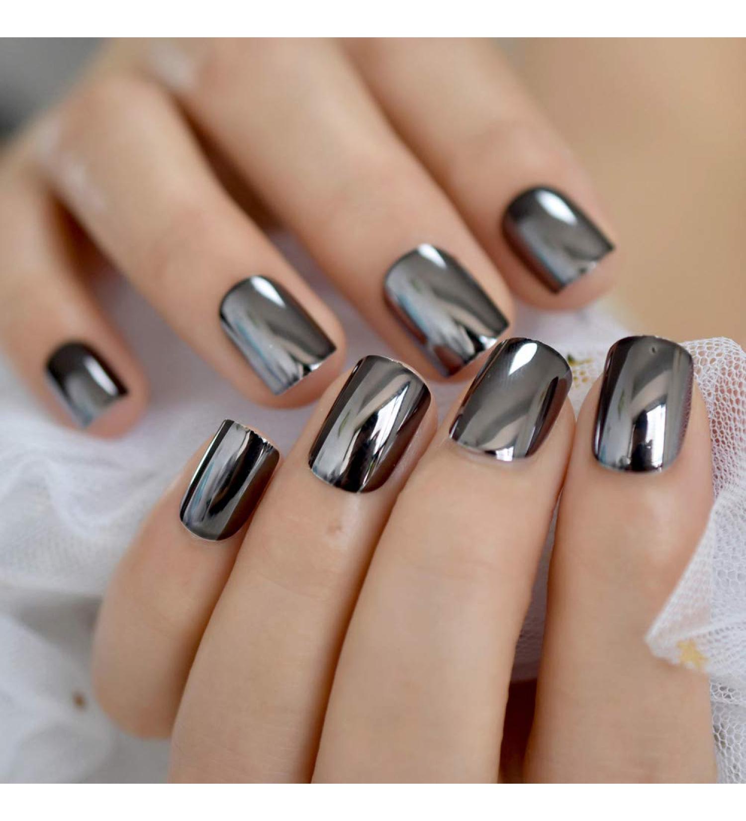 Reflective Mirror Metal Plating False French Acrylic Nail Tips in Dark Smoky Gray - Punk Metallic Square Fake Nails | CoolNail L5187 - Buy Online on GoSupps.com