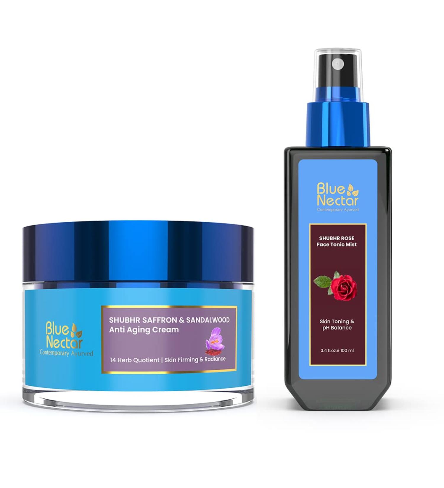 Blue Nectar Anti Aging Saffron Face Moisturiser for Women (1.7 Fl Oz) Natural Rose Face Toner for Glowing Skin & Pore Tightening(3.38Fl Oz) - Buy Online on GoSupps.com