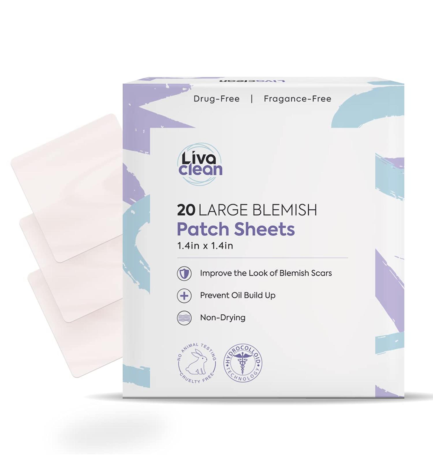 20 CT LivaClean Square Large Hydrocolloid Acne Patches - Big Pimple Patch for Pore Spots, Cystic Pimples & Zits - XL Acne Bandages for Face & Nose - Buy Online on GoSupps.com
