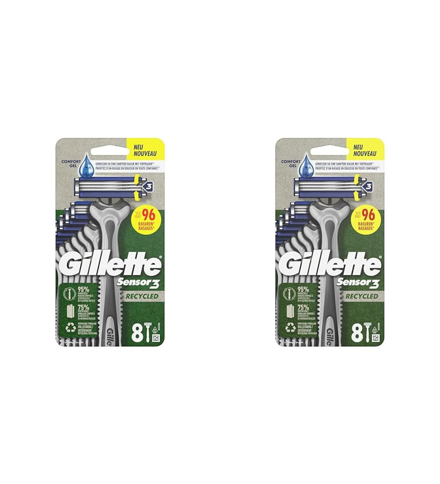 Gillette sensor3 recycled disposable razor 8 razors with triple blade with 95% recycled plastic under control (pack of 2) pack of 2
