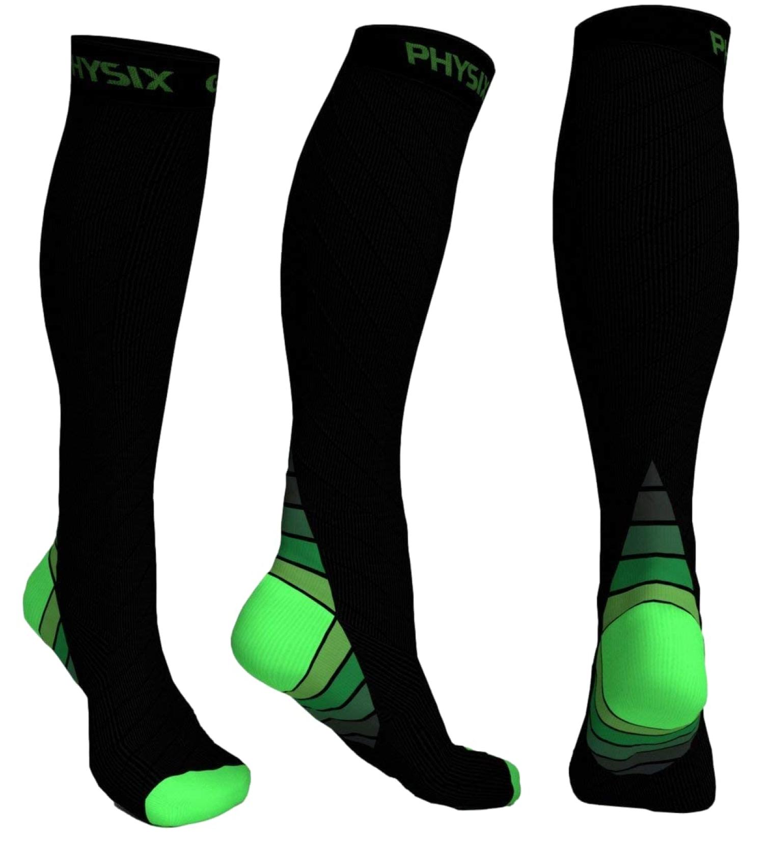 Physix Gear Compression Socks (20-30 mmHg) for Men & Women - XXL Black/Green - Ideal for Running, Nurses, Shin Splints, Flight Travel, Maternity - Boost Stamina and Recovery - Buy Online on GoSupps.com