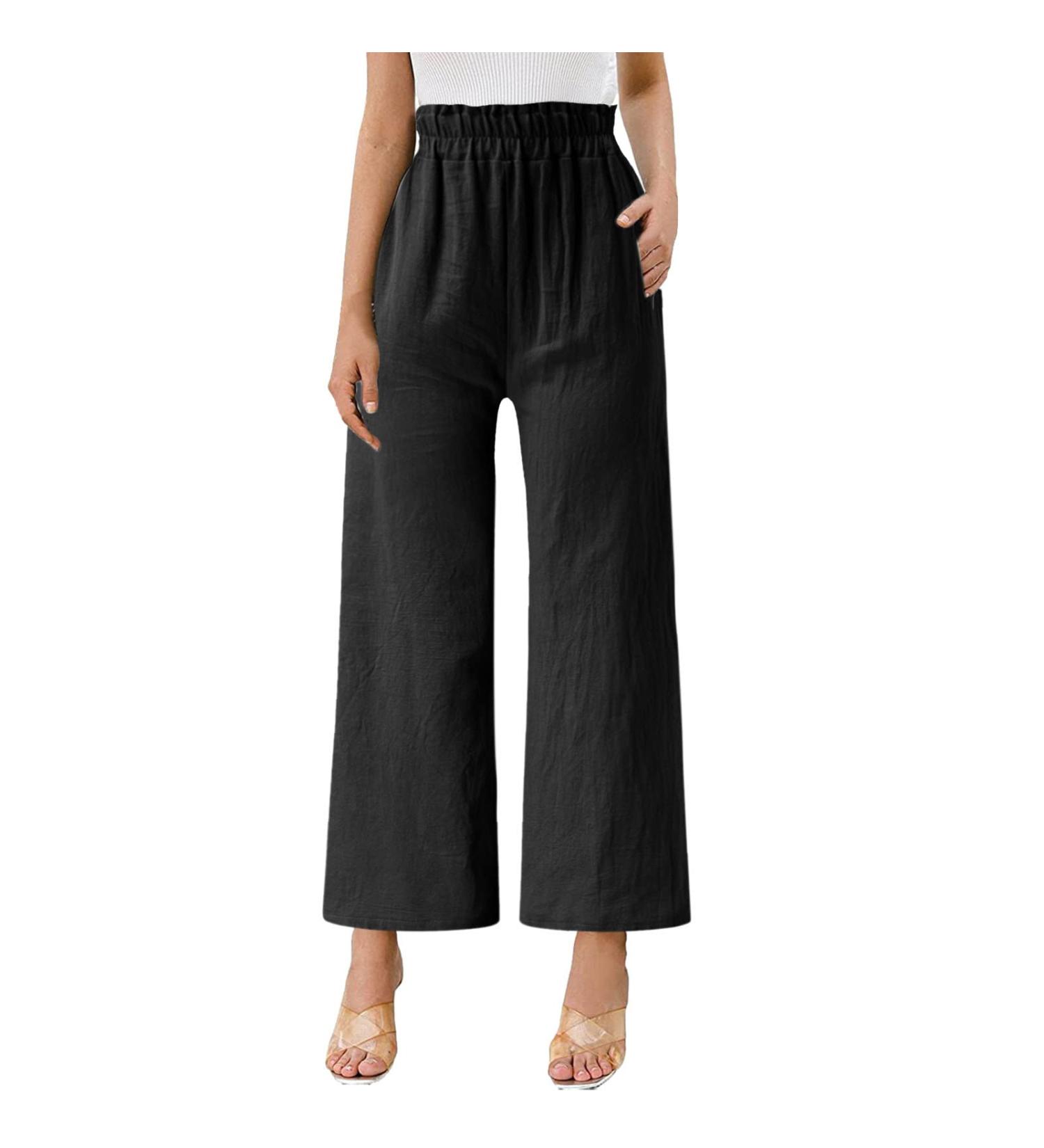 Gufesf Women's Cotton Linen Palazzo Pants - High Waisted Wide Leg Trousers with Pockets in Black (Small) - Buy Online on GoSupps.com