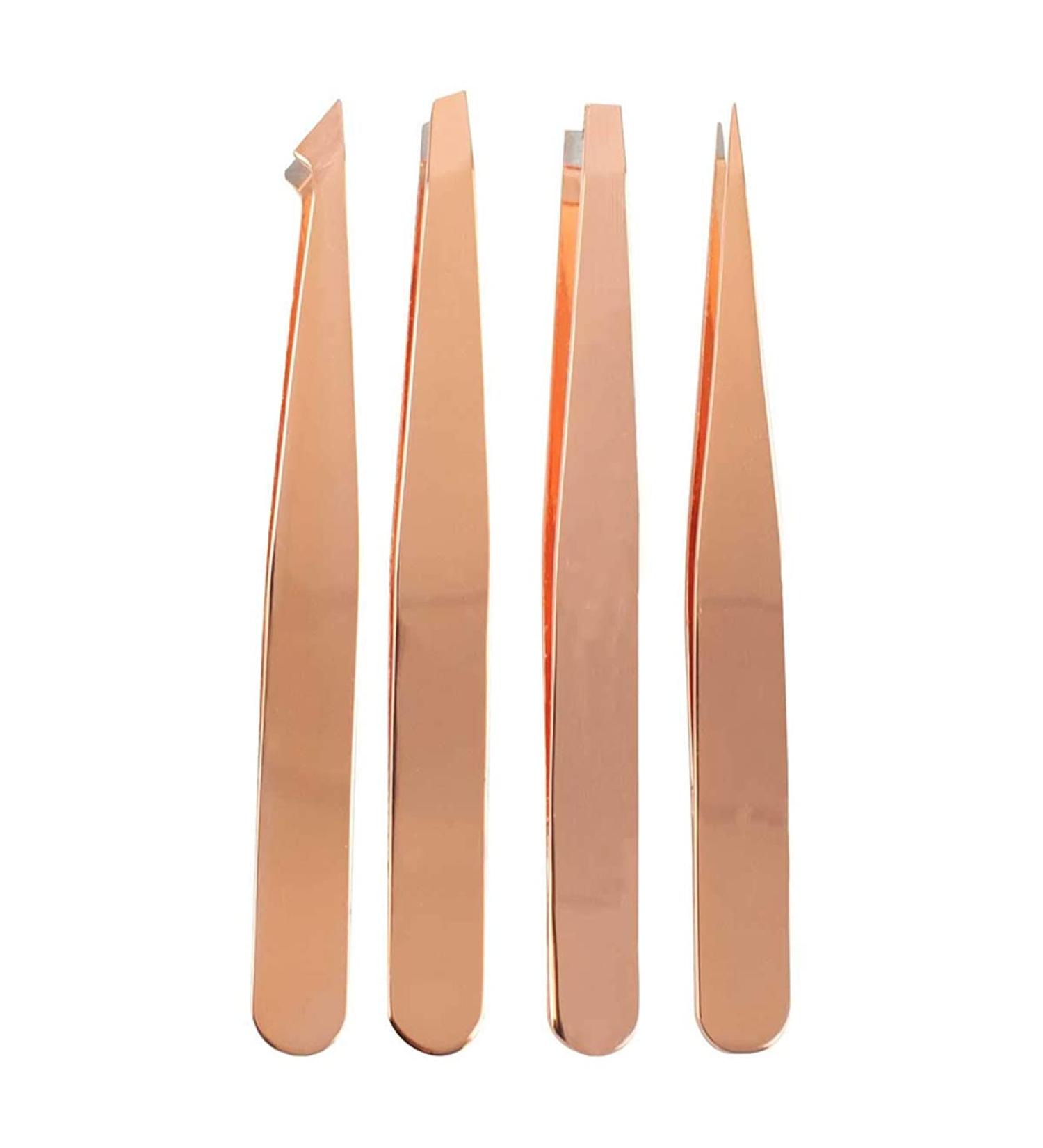 4-Piece Eyebrow Tweezers Set - Pointed & Angled Tweezers with Stylish Leather Look Case - Gold | International Shipping Available - Buy Online on GoSupps.com