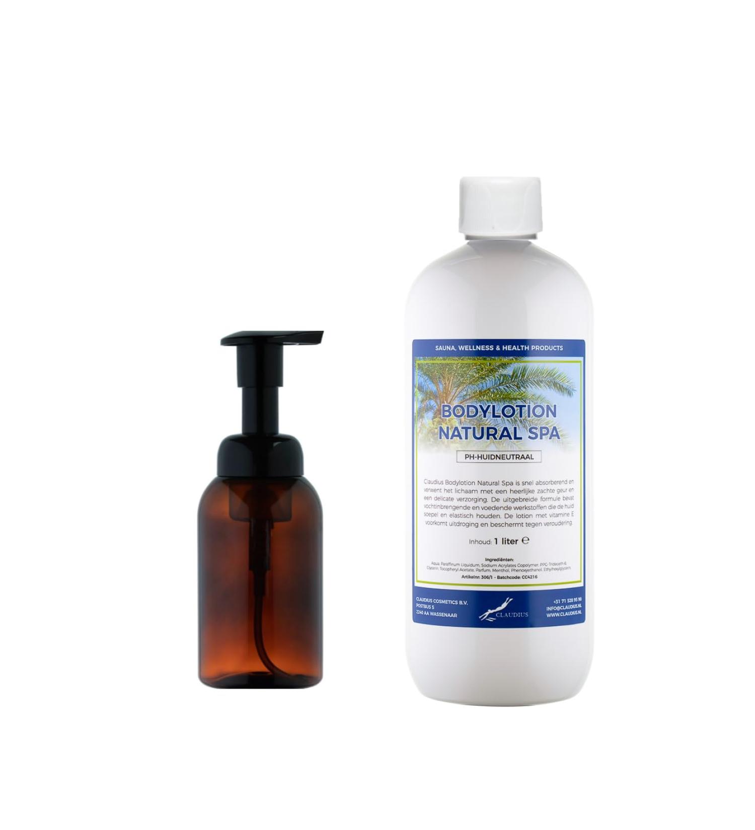 Claudius Soap dispenser 300 ml amber brown refillable + 1 liter Body Lotion Natural Spa refill