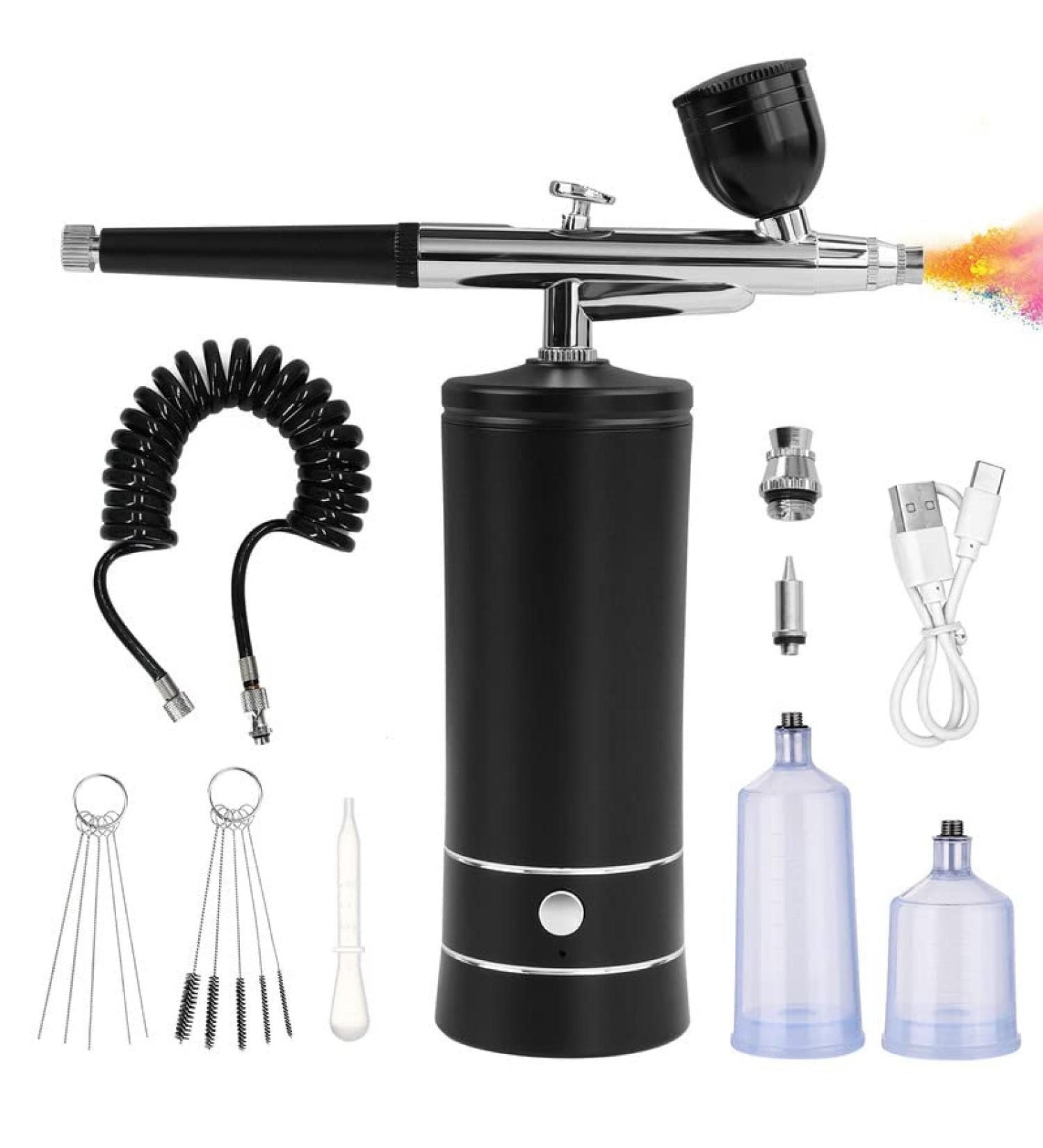 Portable Rechargeable Airbrush Kit with Compressor and 0.3mm Gun - Ideal for Painting, Tattoo, Nail Art, Model Coloring, Makeup, Cake - Black - Buy Online on GoSupps.com