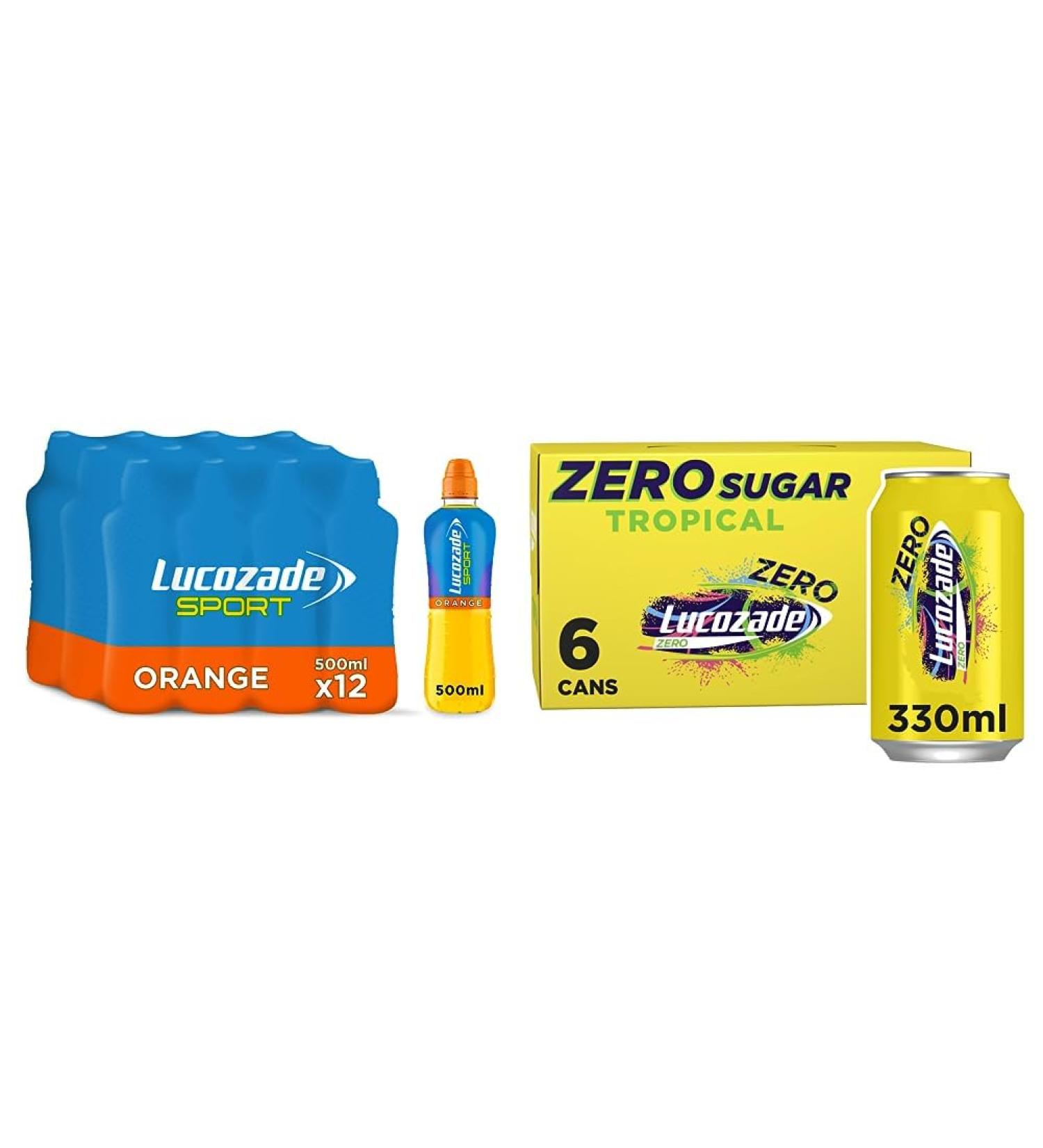 Lucozade Sport Orange 12x500ml (Packaging May Vary) & Lucozade Zero Fizzy Drink Tropical Flavour Sugar Free Low Calorie 6 Pack 330ml Cans Orange + Tropical Flavour 500 ml (Pack of 12) - Buy Online on GoSupps.com
