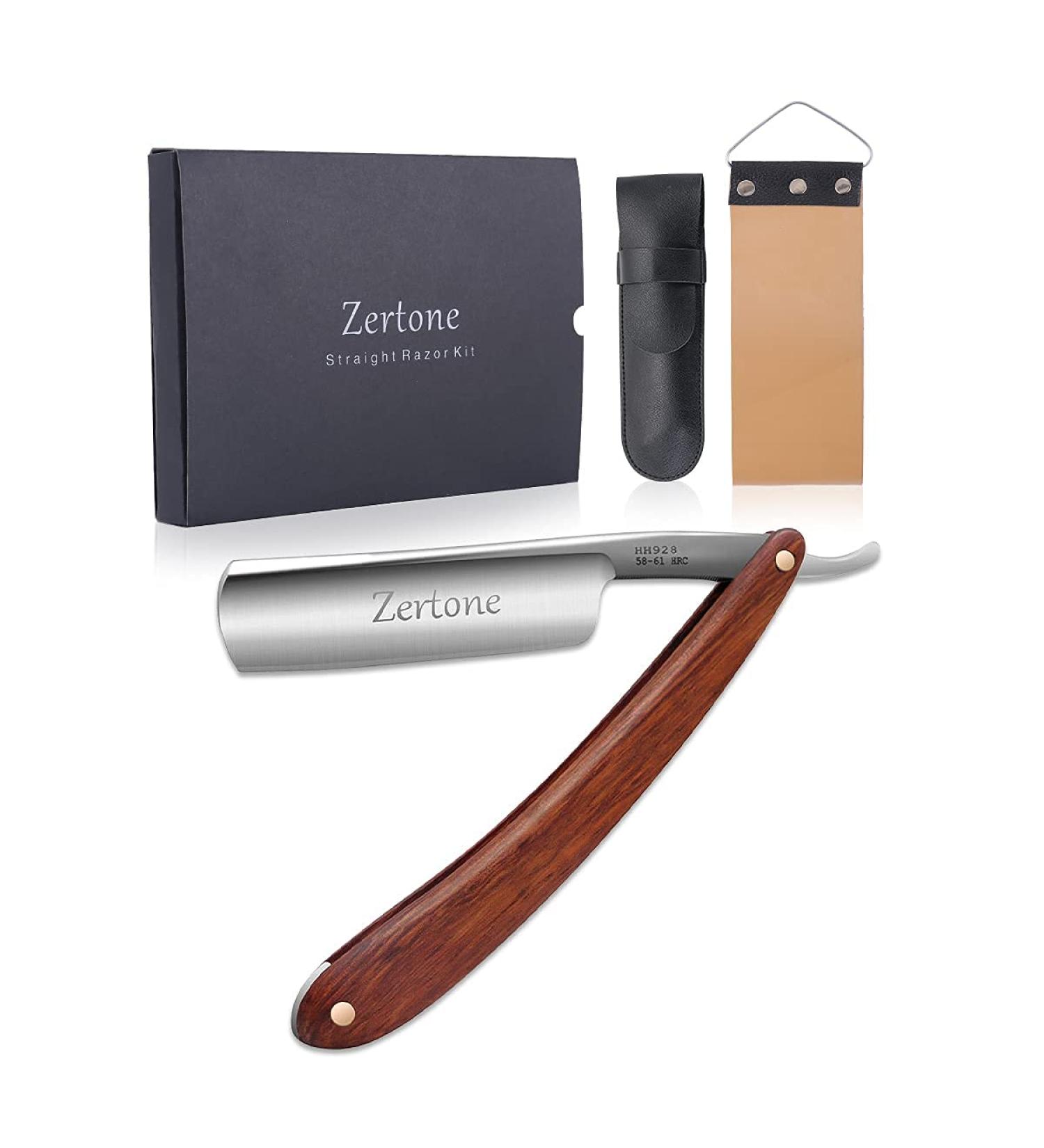 Zertone Straight Razor Kit with Strop - High Hardness Carbon Steel Blade, Vintage Wood Handle - Barber Razor Set - Buy Online on GoSupps.com