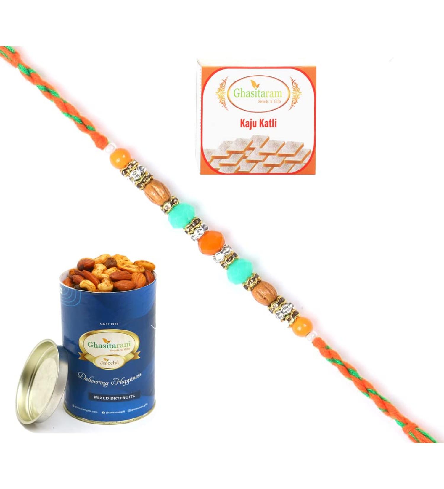 Ghasitaram Gifts Rakhi for Brother Rakhis Online - 6366 Fancy Thread Rakhi with 100 GMS of Dryfruits Mix Can 200 GMS of Kaju katli Rakhi & 100g Dryfruits Mix Can 200g Kaju katli - Buy Online on GoSupps.com