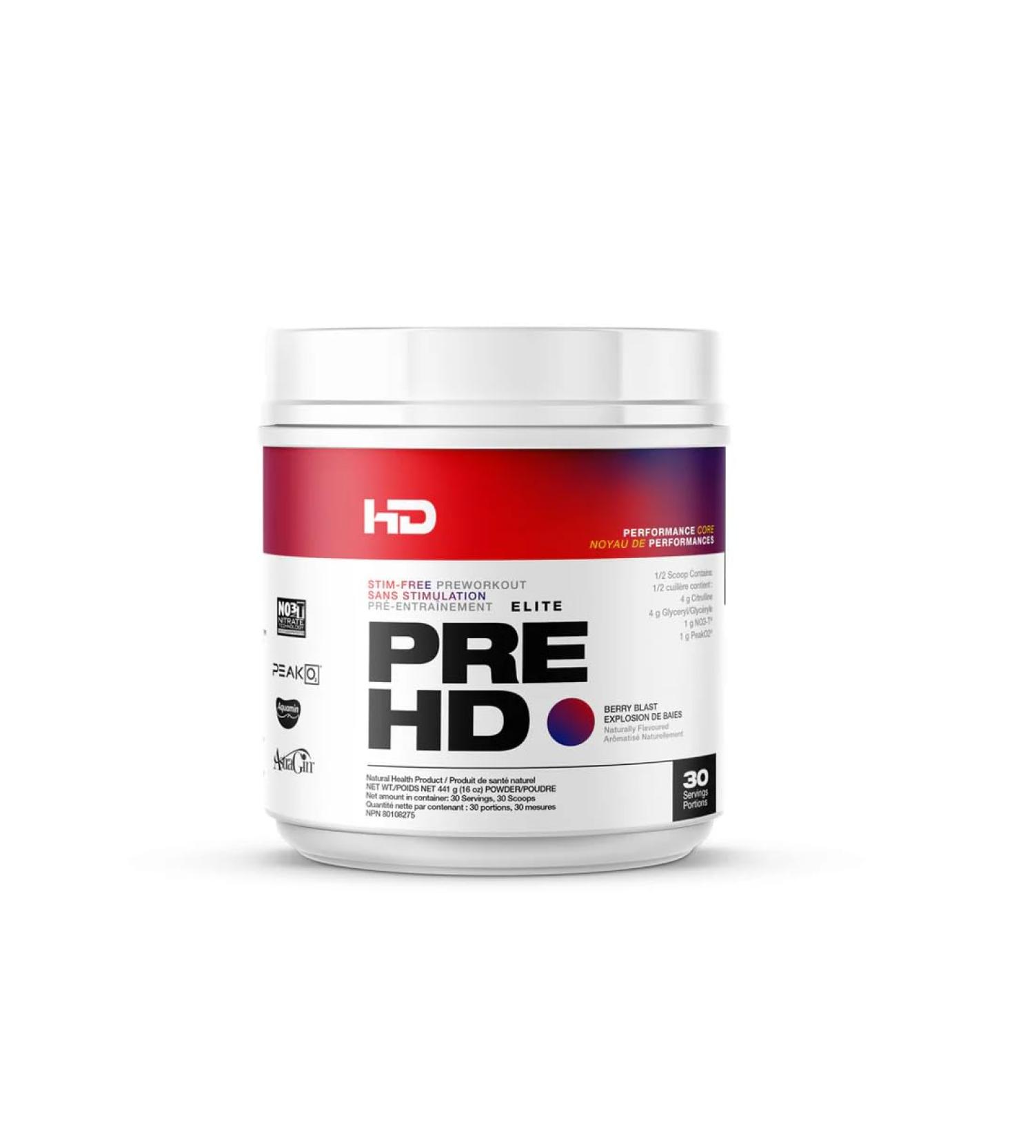HD MUSCLE PreHD Elite Stim Free Pre Workout Powder | Caffeine Free Nitric Oxide Pre Workout | Increased Pumps & Focus | 8g L-Citrulline 8g Glycerol 2g Arginine Nitrate | 30 Servings (Berry Blast) Berry Blast 30 Servings - Buy Online on GoSupps.com
