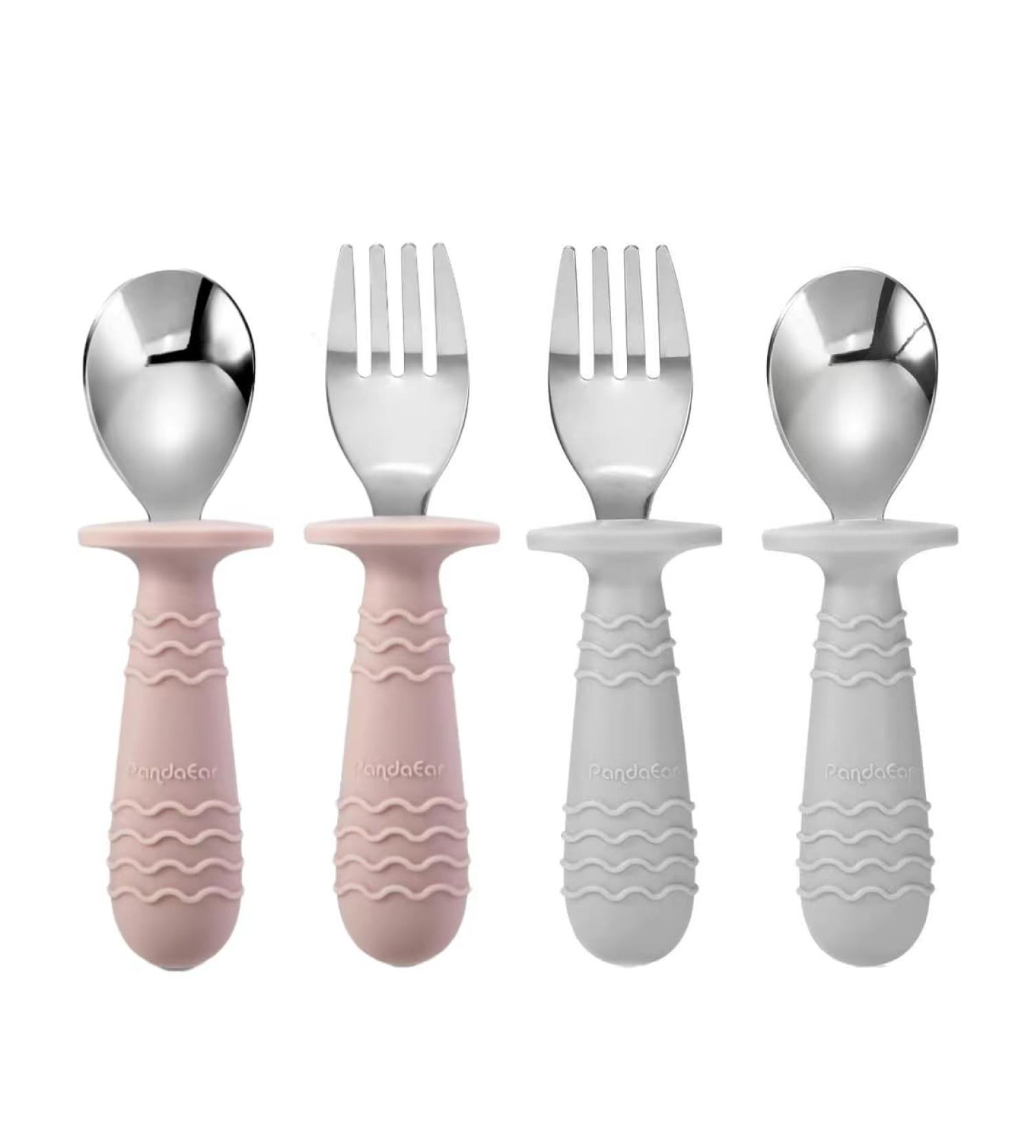 Pandaear 4-Piece Baby Cutlery Set | Stainless Steel Spoon & Fork for Kids | Anti-Choke Design BPA Free | Ideal for 1 Year+ | Pink & Gray Tableware - Buy Online on GoSupps.com
