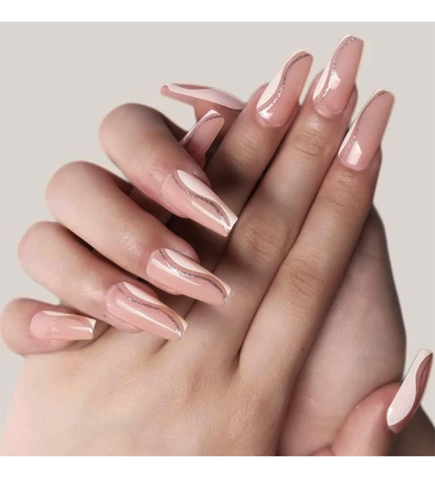 Sethexy Medium Coffin False Nails - Pink Sparkle Quadrada French Press-On Nail Tips | 24 Pack Acrylic Nails for Women & Girls - Buy Online on GoSupps.com