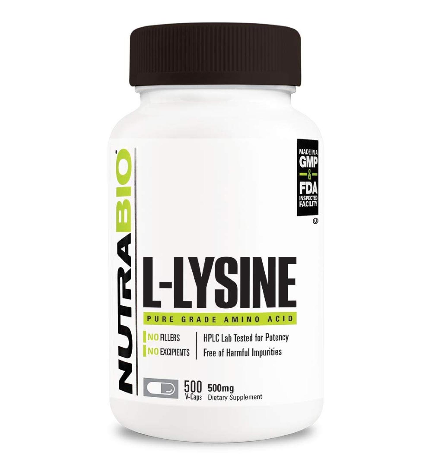 NutraBio L-Lysine (500mg) - 500 Vegetable Capsules - Pure Grade Amino Acid for Immune Support - Non-GMO, Gluten-Free, Vegan - Buy Online on GoSupps.com