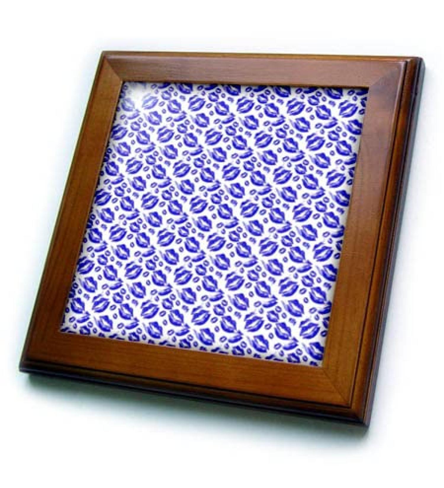 3dRose 8x8 Framed Tile - Two Kisses Collided Lip Bold Blue Lips Pattern Pattern - Lipstick Kisses
