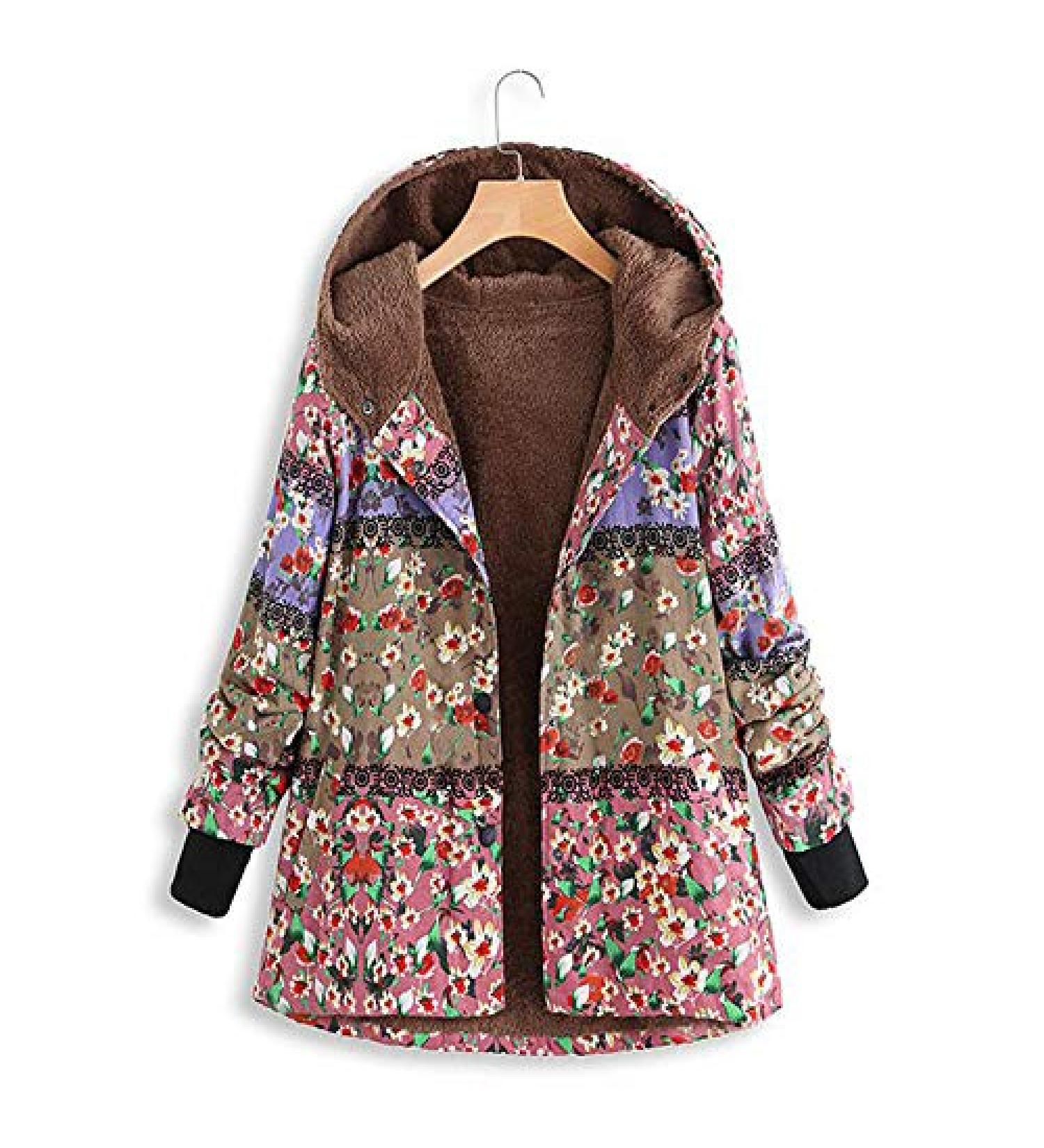 Women's Vintage Printed Hoodie Oversize Coat - Pink, Large | Winter Warm Outwear with Pockets - Buy Online on GoSupps.com