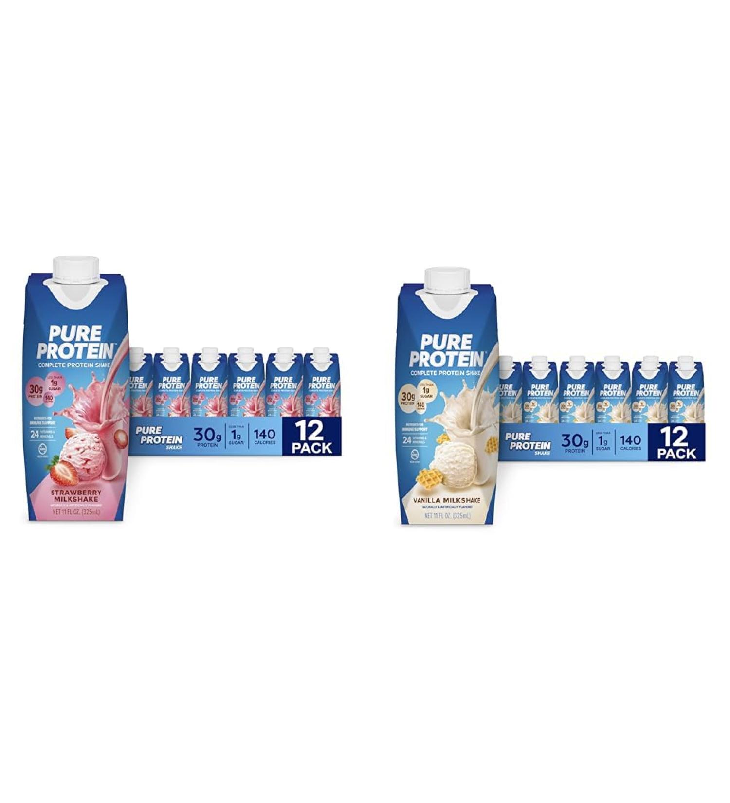 Pure Protein Strawberry and Vanilla Protein Shakes 30g Complete Protein 11oz Bottles 12 Pack Bundle - Buy Online on GoSupps.com