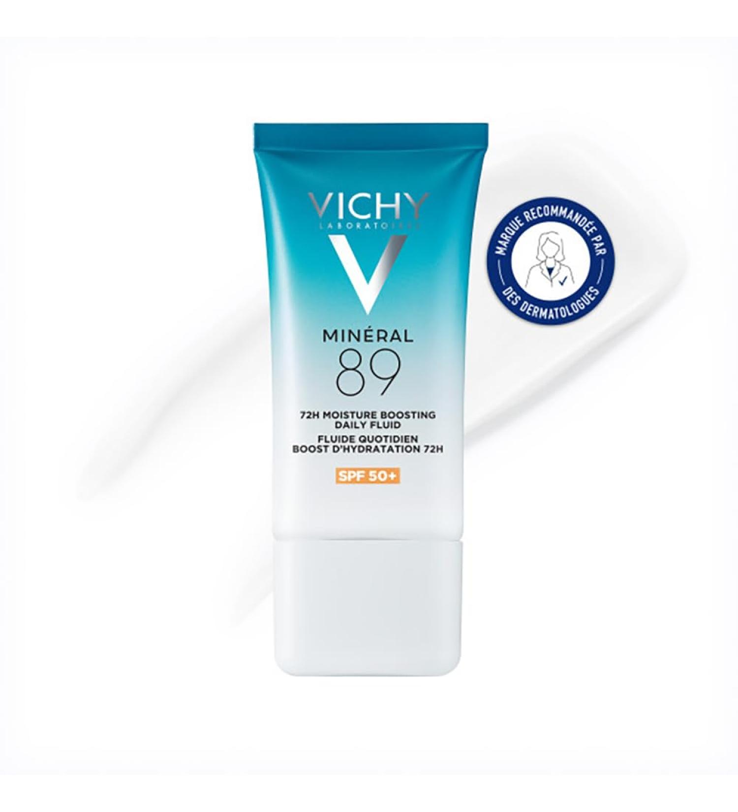 Vichy Min ral 89 Fluide Quotidien Boost d'Hydratation 72h SPF50+ Soin Hydratant et Fortifiant Haute Protection Solaire Enrichi en Acide Hyaluronique Non Com dog ne Sans Parfum 50 ml