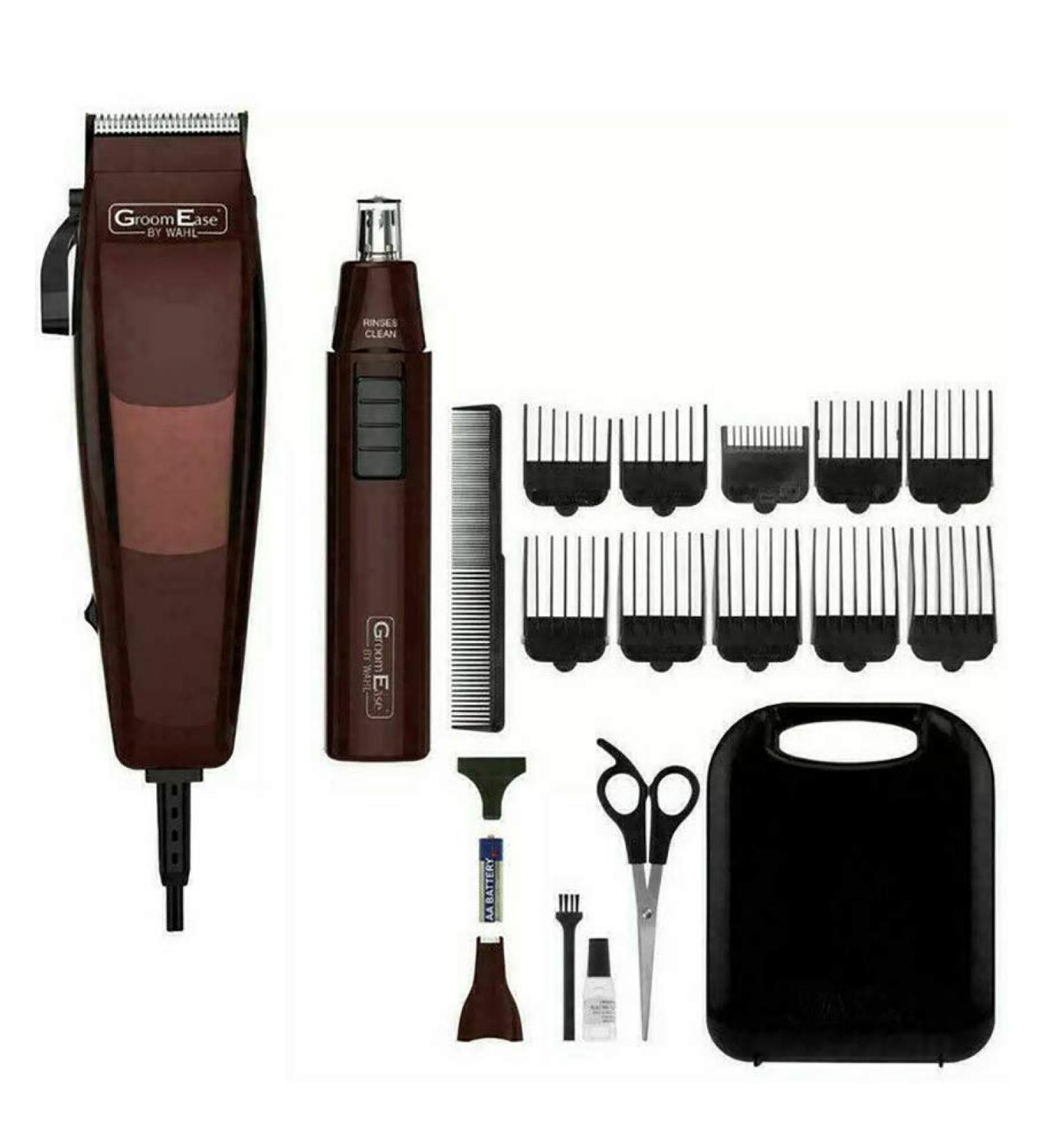 WAHL Groom Ease Hair Clipper & Nose Ear Trimmer Maroon 18 Piece Shaver Gift Set